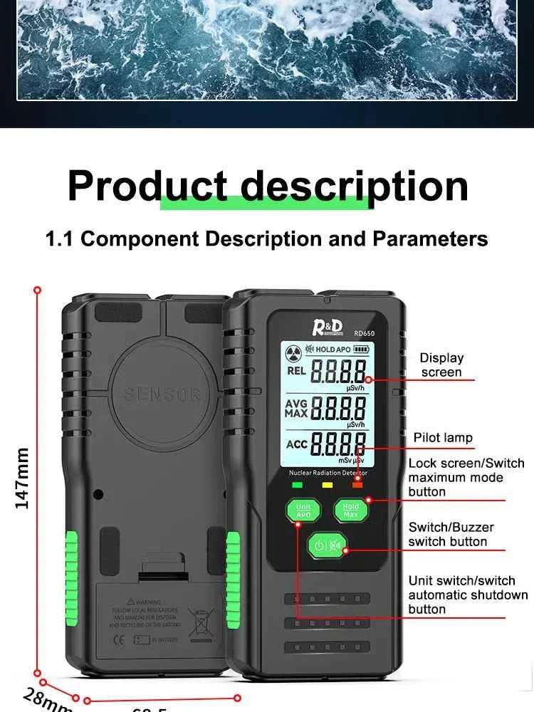 RD650 Geiger Counter Nuclear Radiation Detector X-ray γ-ray β-ray Radioactivity Tester Marble Detector Personal Dosimeter