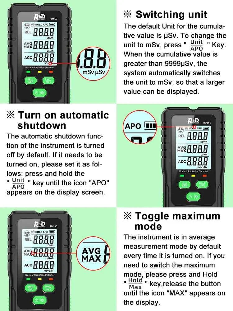 RD650 Geiger Counter Nuclear Radiation Detector X-ray γ-ray β-ray Radioactivity Tester Marble Detector Personal Dosimeter