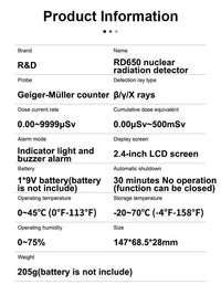 RD650 Geiger Counter Nuclear Radiation Detector X-ray γ-ray β-ray Radioactivity Tester Marble Detector Personal Dosimeter