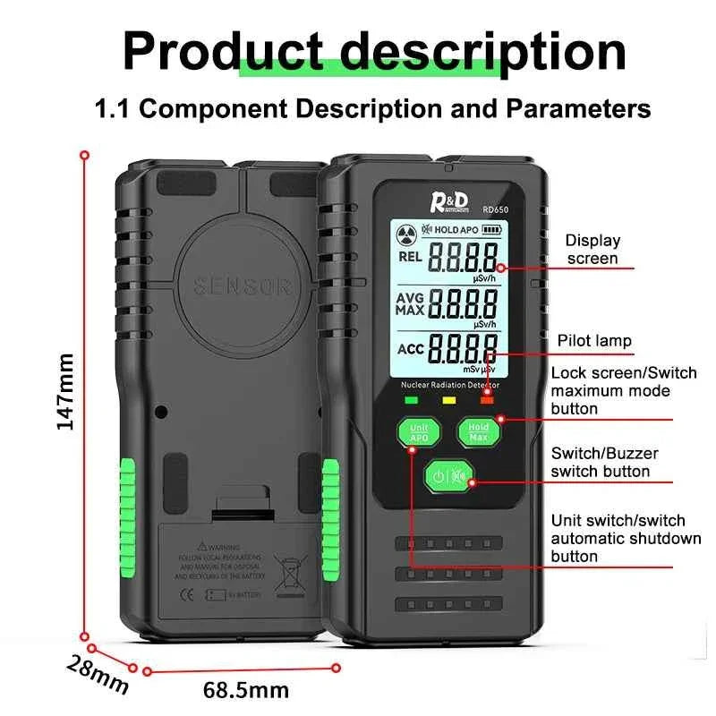 RD650 Geiger Counter Nuclear Radiation Detector X-ray γ-ray β-ray Radioactivity Tester Marble Detector Personal Dosimeter