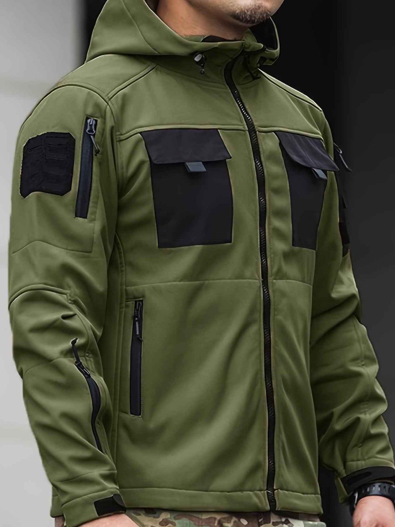 Chic Color Block Men's Windproof Long Sleeve Hooded Zip Up Jacket With Multi-pocket, Men's Outdoor Tactical Outwear For Fall Winter Hiking Camping Fishing