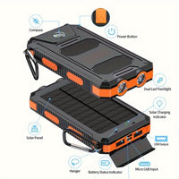 10000mAh/19800mAh/20000mAh Portable Solar Power Bank, Portable Solar Mobile Phone Charger, Camping External Battery Charger for Mobile Phones, 2 USB/ LED Flashlights with Compass