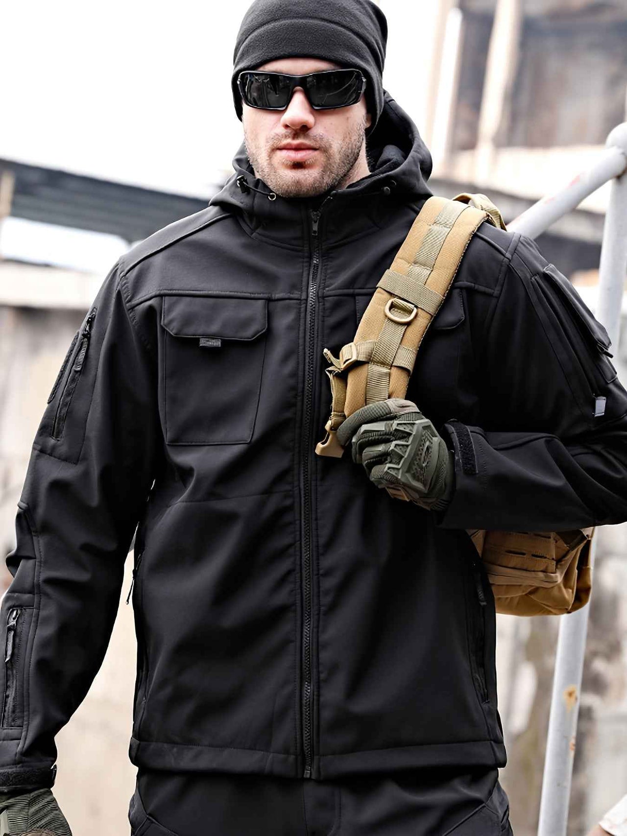 Chic Color Block Men's Windproof Long Sleeve Hooded Zip Up Jacket With Multi-pocket, Men's Outdoor Tactical Outwear For Fall Winter Hiking Camping Fishing