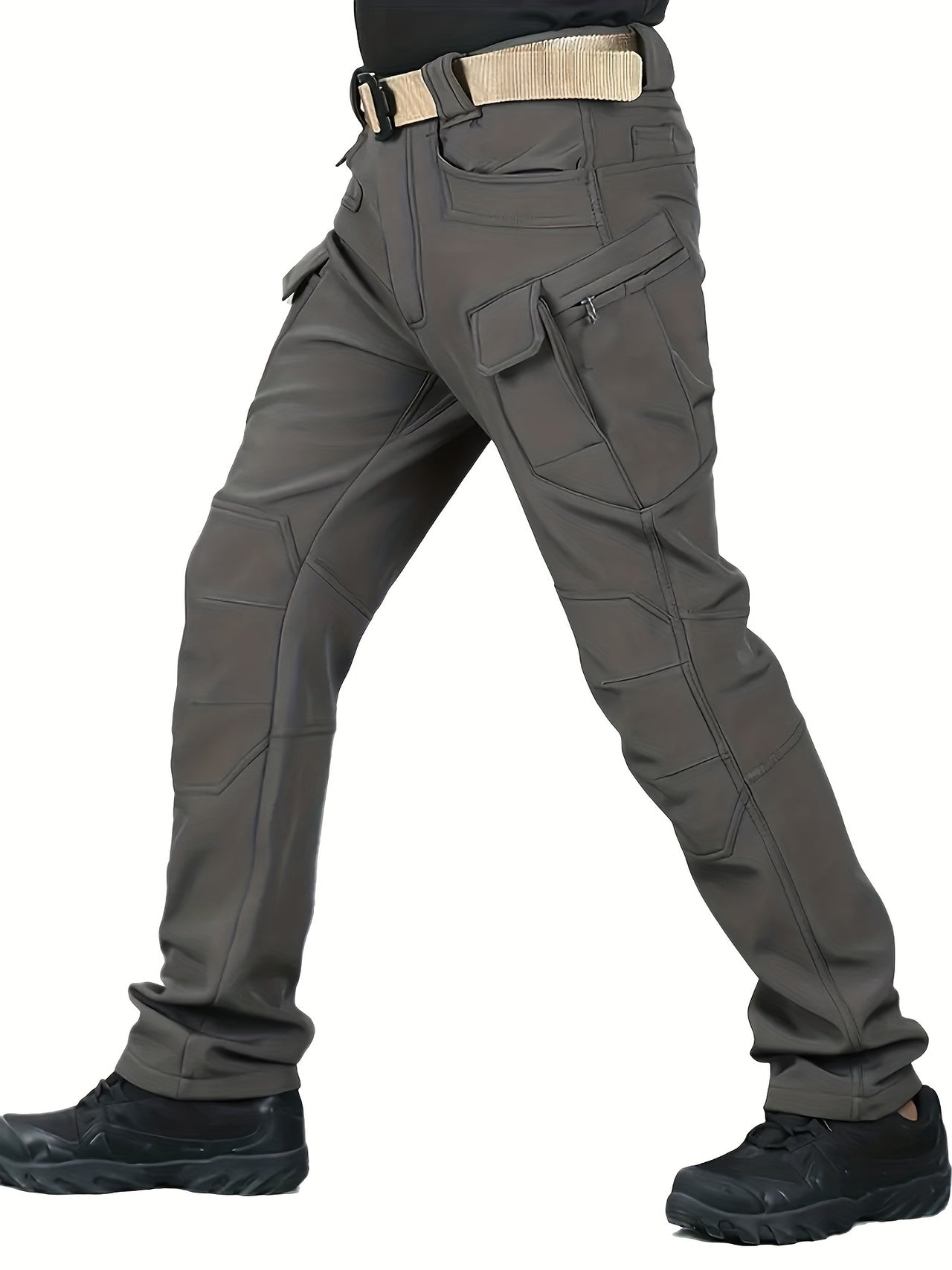 Warm & Durable Men's Tactical Pants - Fleece-Lined Polyester-Spandex Blend, Casual Style with Multiple Pockets & Adjustable Waistband for Winter Outdoor Activities - Seeds-or-Survival