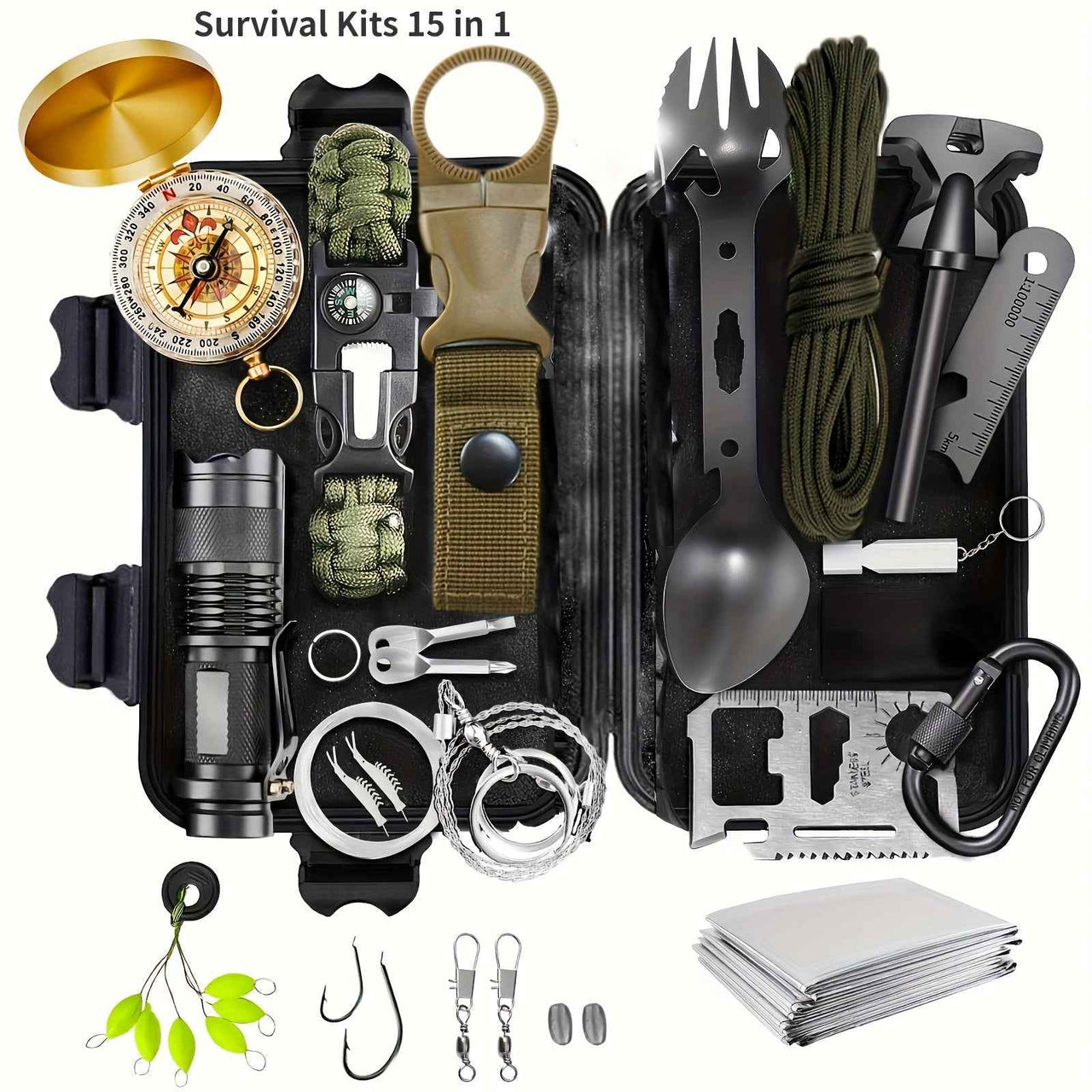 SOS 15-in-1 Camping & Hiking Emergency Kit, Battery-Free Survival Tool Box with Tactical Gear for Outdoor Adventures, Travel Accessories, and Hunting Essentials Set