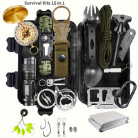SOS 15-in-1 Camping & Hiking Emergency Kit, Battery-Free Survival Tool Box with Tactical Gear for Outdoor Adventures, Travel Accessories, and Hunting Essentials Set