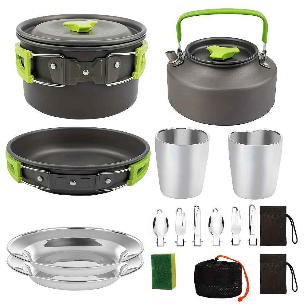 15pcs Camping Cookware Set - Non-Stick Aluminum Alloy, Includes Kettle, Frying Pan, Plates & Utensils for Outdoor Adventures