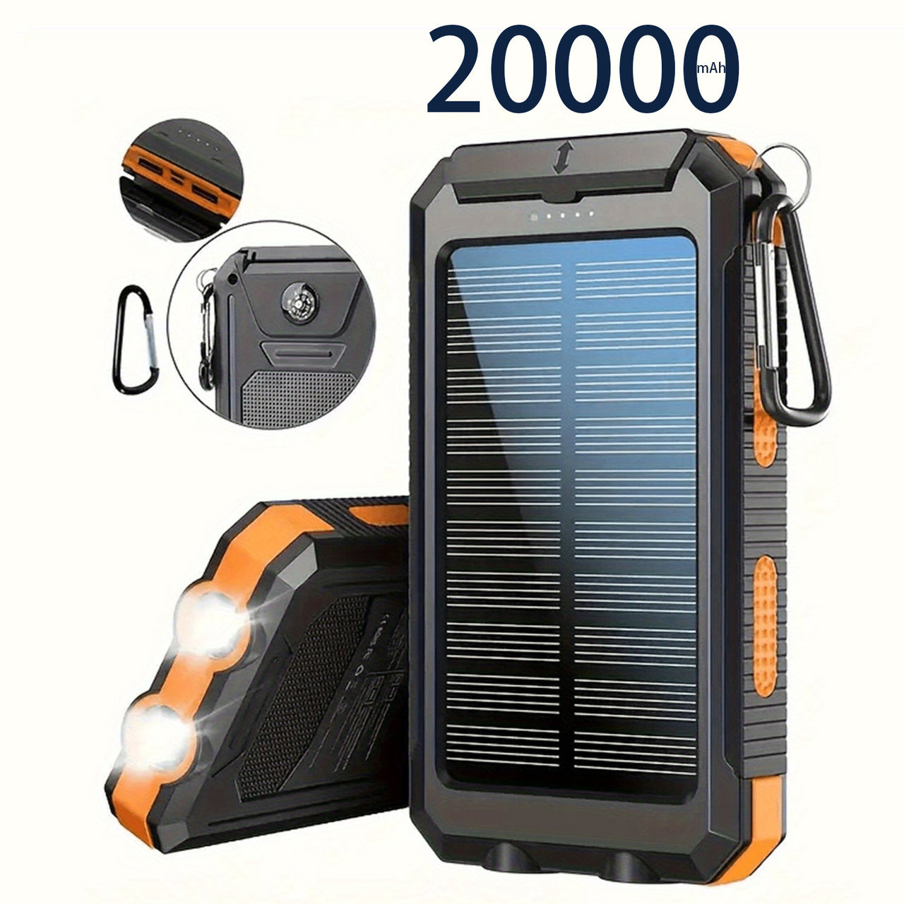 10000mAh/19800mAh/20000mAh Portable Solar Power Bank, Portable Solar Mobile Phone Charger, Camping External Battery Charger for Mobile Phones, 2 USB/ LED Flashlights with Compass