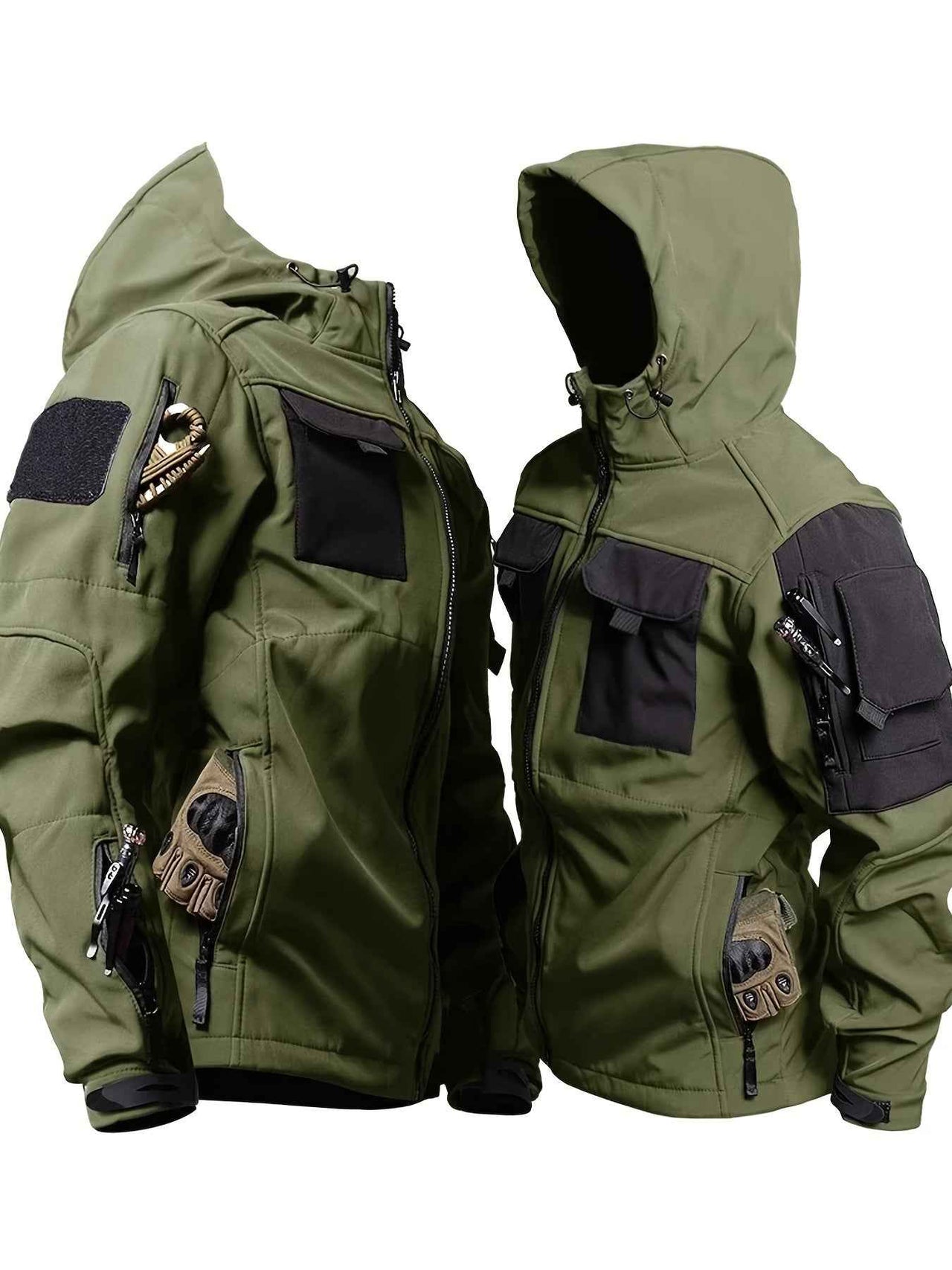 Chic Color Block Men's Windproof Long Sleeve Hooded Zip Up Jacket With Multi-pocket, Men's Outdoor Tactical Outwear For Fall Winter Hiking Camping Fishing