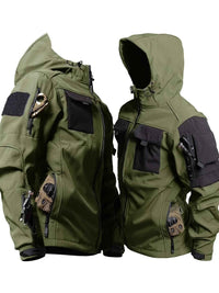 Chic Color Block Men's Windproof Long Sleeve Hooded Zip Up Jacket With Multi-pocket, Men's Outdoor Tactical Outwear For Fall Winter Hiking Camping Fishing