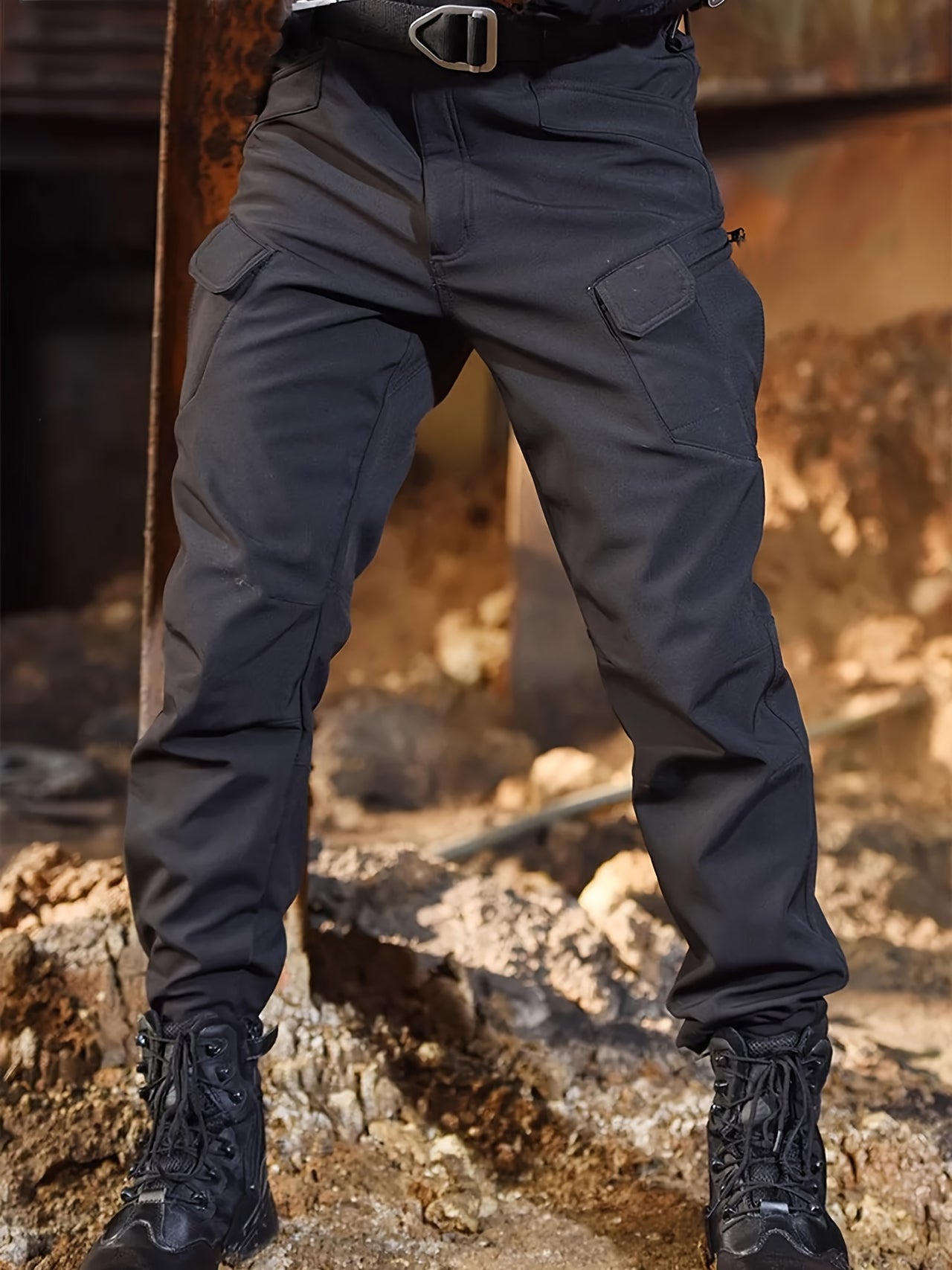 Warm & Durable Men's Tactical Pants - Fleece-Lined Polyester-Spandex Blend, Casual Style with Multiple Pockets & Adjustable Waistband for Winter Outdoor Activities - Seeds-or-Survival