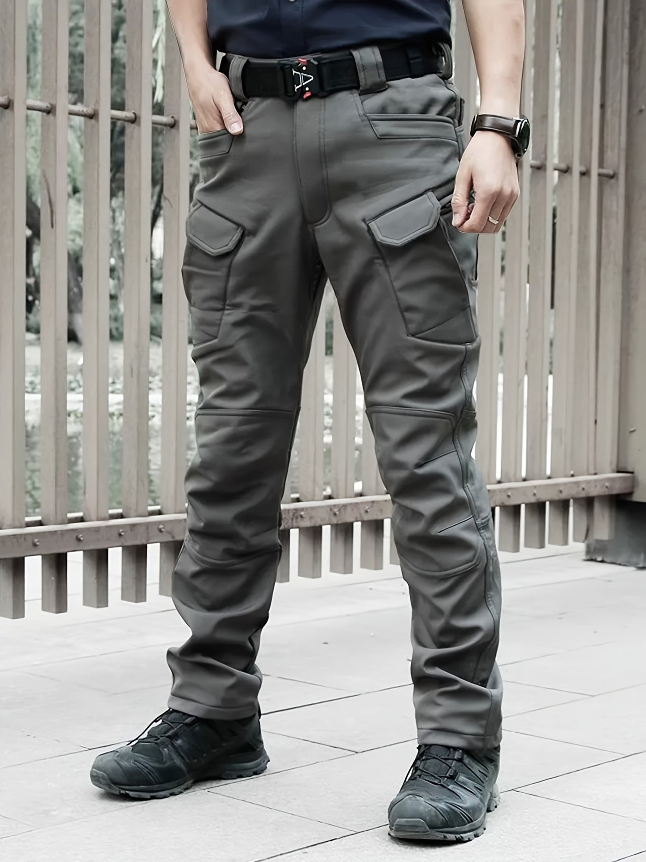 Warm & Durable Men's Tactical Pants - Fleece-Lined Polyester-Spandex Blend, Casual Style with Multiple Pockets & Adjustable Waistband for Winter Outdoor Activities - Seeds-or-Survival
