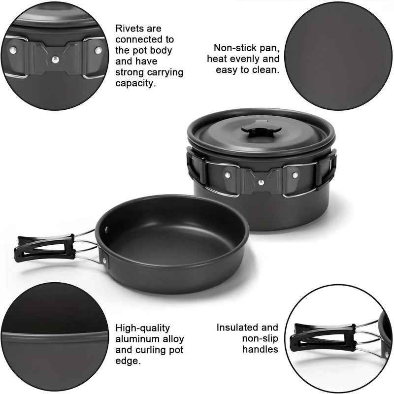 15pcs Camping Cookware Set - Non-Stick Aluminum Alloy, Includes Kettle, Frying Pan, Plates & Utensils for Outdoor Adventures