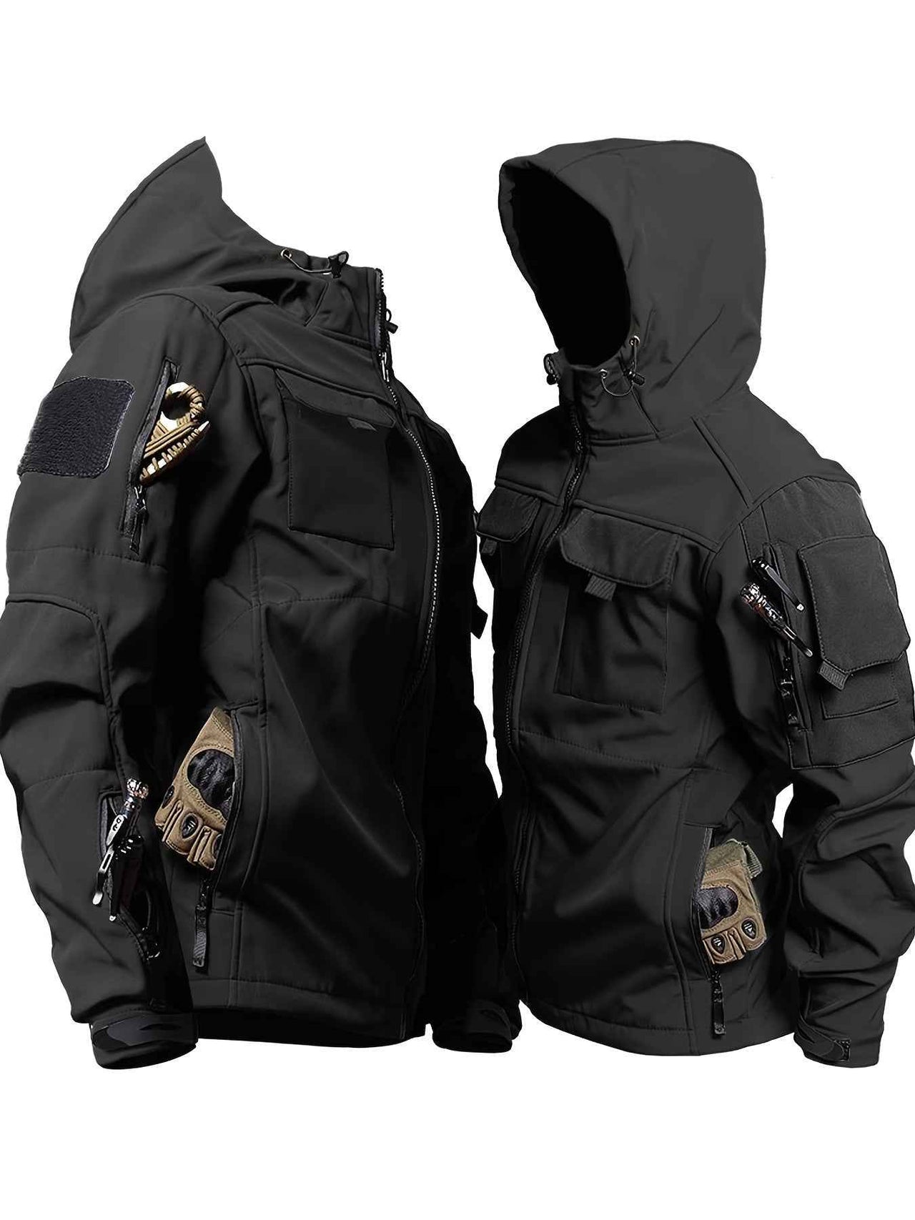 Chic Color Block Men's Windproof Long Sleeve Hooded Zip Up Jacket With Multi-pocket, Men's Outdoor Tactical Outwear For Fall Winter Hiking Camping Fishing