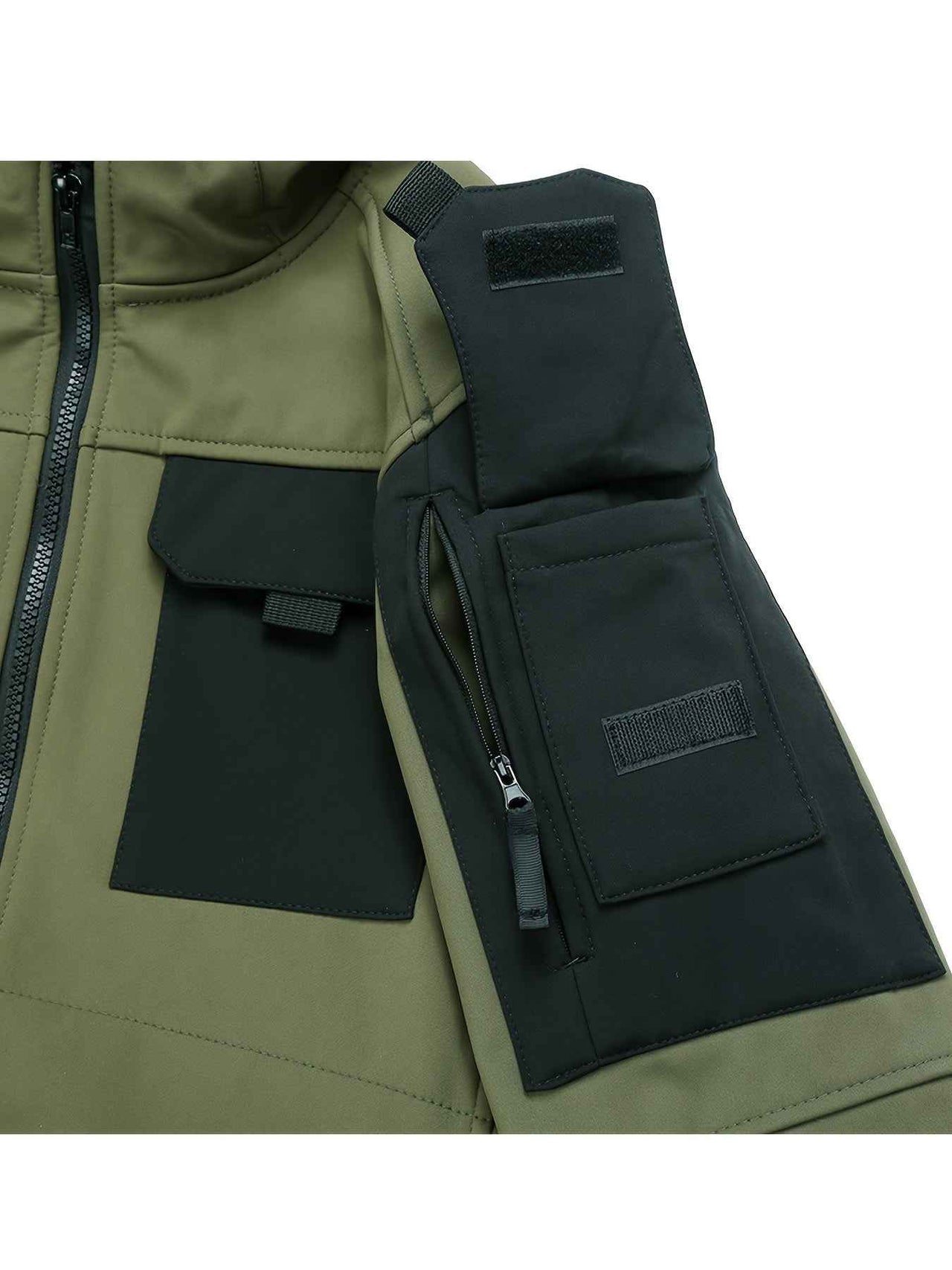 Chic Color Block Men's Windproof Long Sleeve Hooded Zip Up Jacket With Multi-pocket, Men's Outdoor Tactical Outwear For Fall Winter Hiking Camping Fishing