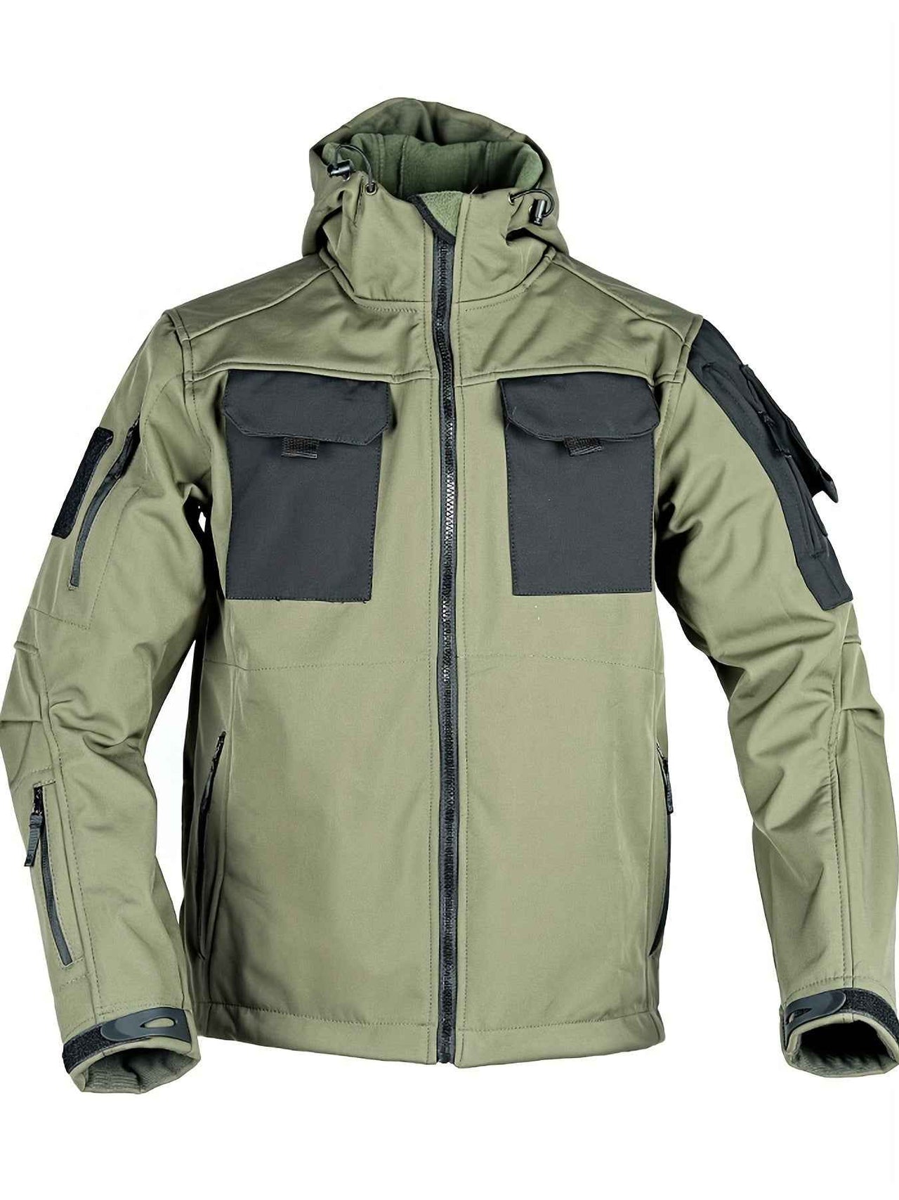 Chic Color Block Men's Windproof Long Sleeve Hooded Zip Up Jacket With Multi-pocket, Men's Outdoor Tactical Outwear For Fall Winter Hiking Camping Fishing