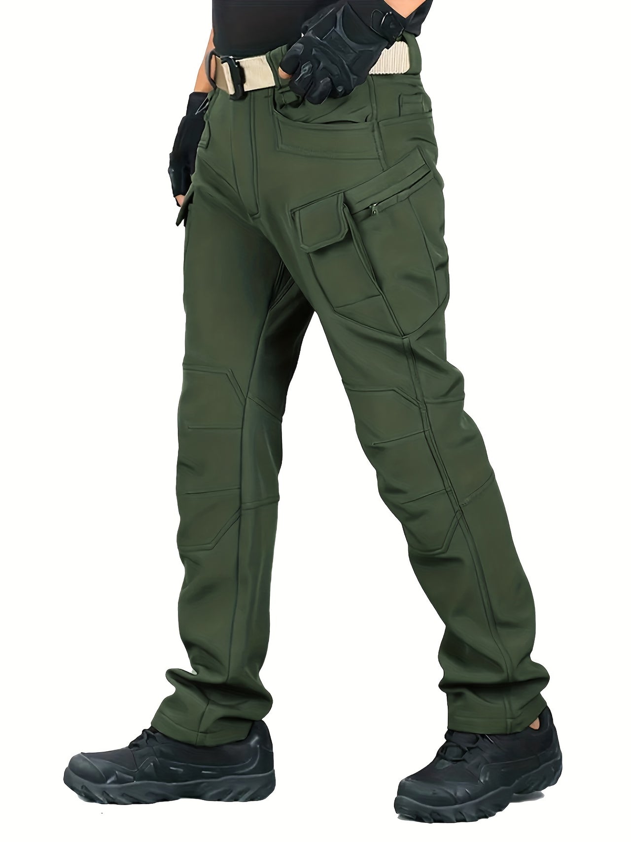 Warm & Durable Men's Tactical Pants - Fleece-Lined Polyester-Spandex Blend, Casual Style with Multiple Pockets & Adjustable Waistband for Winter Outdoor Activities - Seeds-or-Survival
