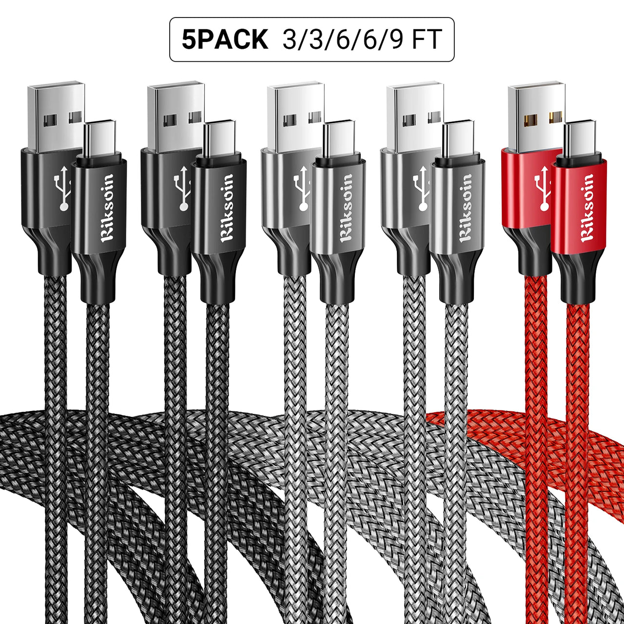 5-Pack Durable Nylon Braided USB Type-C Charging Cables 3FT 6FT 9FT Options Compatible 10-20W Power Delivery ≤36V Braided Cable