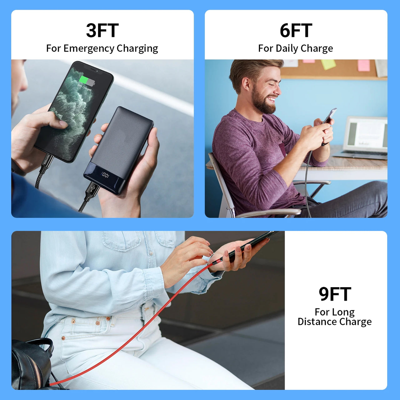 5-Pack Durable Nylon Braided USB Type-C Charging Cables 3FT 6FT 9FT Options Compatible 10-20W Power Delivery ≤36V Braided Cable