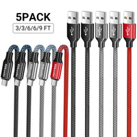 5-Pack Durable Nylon Braided USB Type-C Charging Cables 3FT 6FT 9FT Options Compatible 10-20W Power Delivery ≤36V Braided Cable