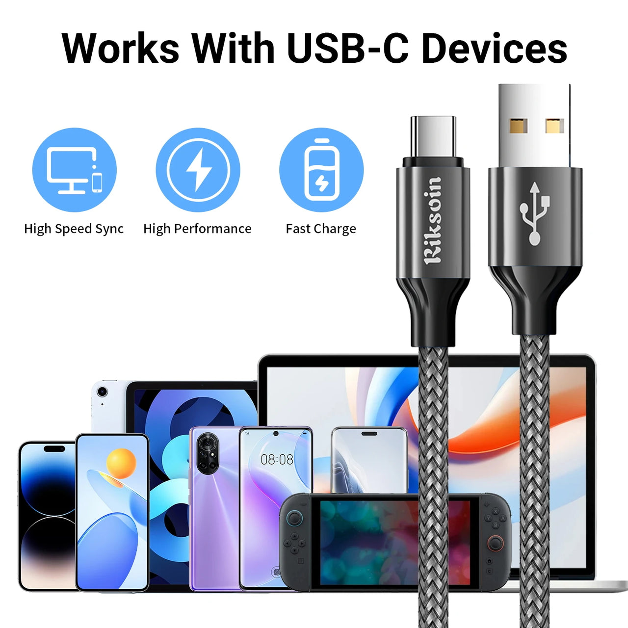 5-Pack Durable Nylon Braided USB Type-C Charging Cables 3FT 6FT 9FT Options Compatible 10-20W Power Delivery ≤36V Braided Cable