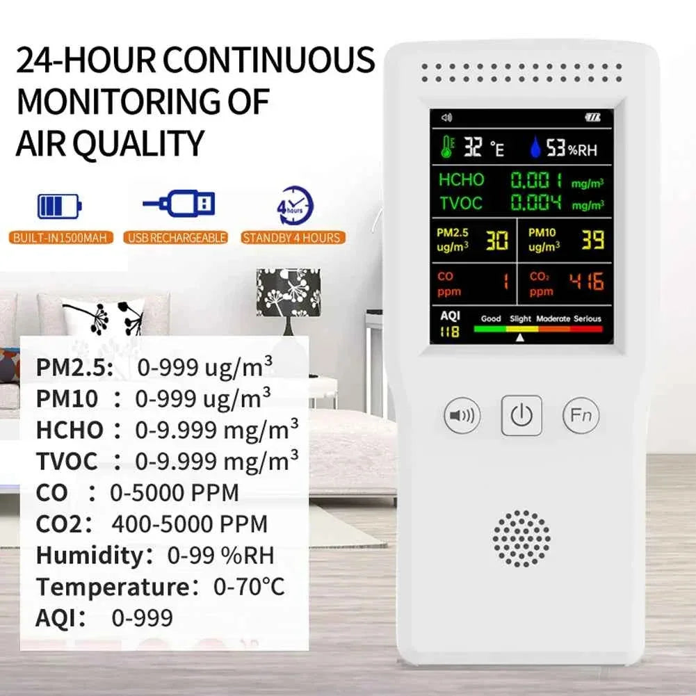 9 In 1 Air Quality Detector PM2.5 PM10 HCHO TVOC CO CO2 AQI Temperature Humidity Multifunctional LCD Digital Air Quality Monitor