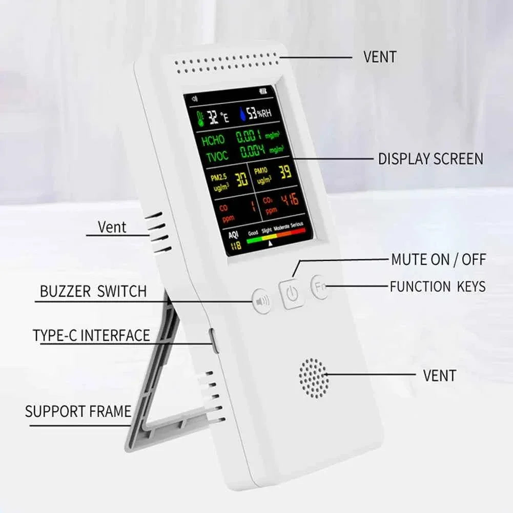 9 In 1 Air Quality Detector PM2.5 PM10 HCHO TVOC CO CO2 AQI Temperature Humidity Multifunctional LCD Digital Air Quality Monitor