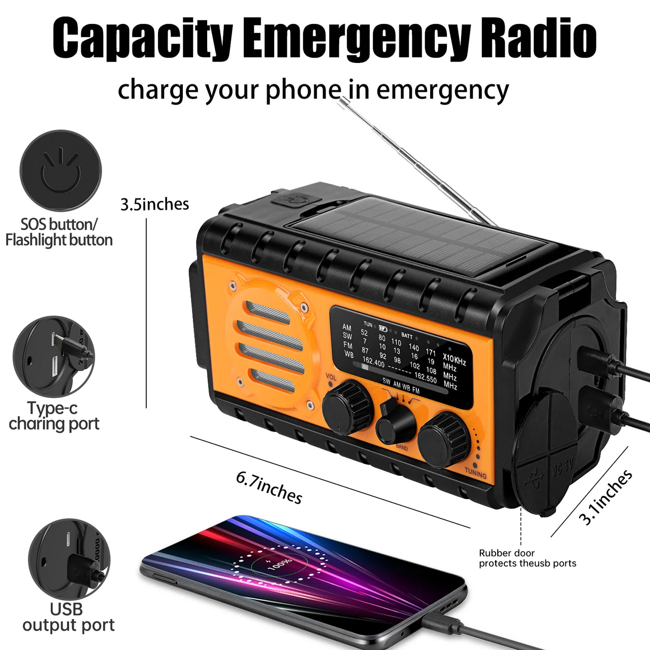 Woopker Emergency Radio 20000mAh XSY-350 FM Radio AM/WB/NOAA Weather Dual USB Rechargeable Solar SOS Alarm Power Bank Flashlight