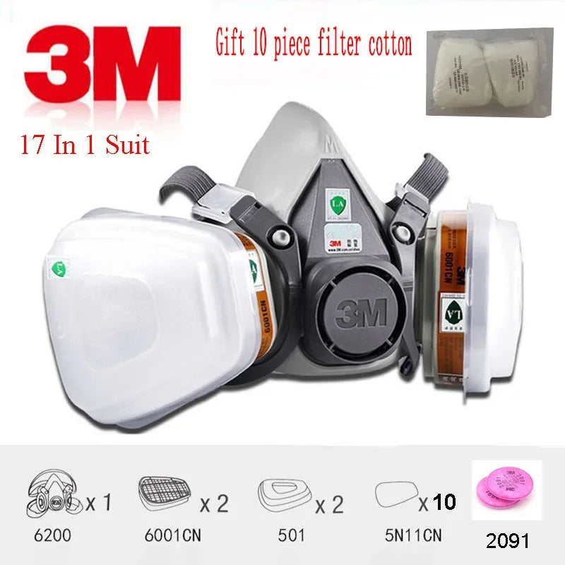 3M 6200 Mask or 9in1 6200 Half Facepiece Gas Mask Respirator With 6001/2091 Filter Fit Painting Spraying Dust Proof