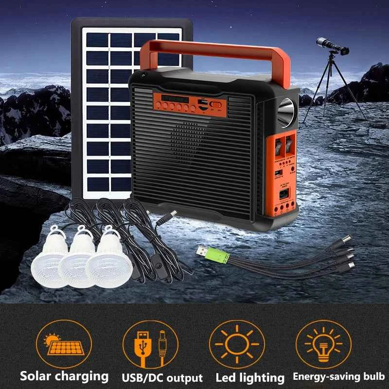 Solar Panel Generator Kit with 3 LED Bulbs Bluetooth Radio Speaker for Outdoor Camping Emergency Power Supply