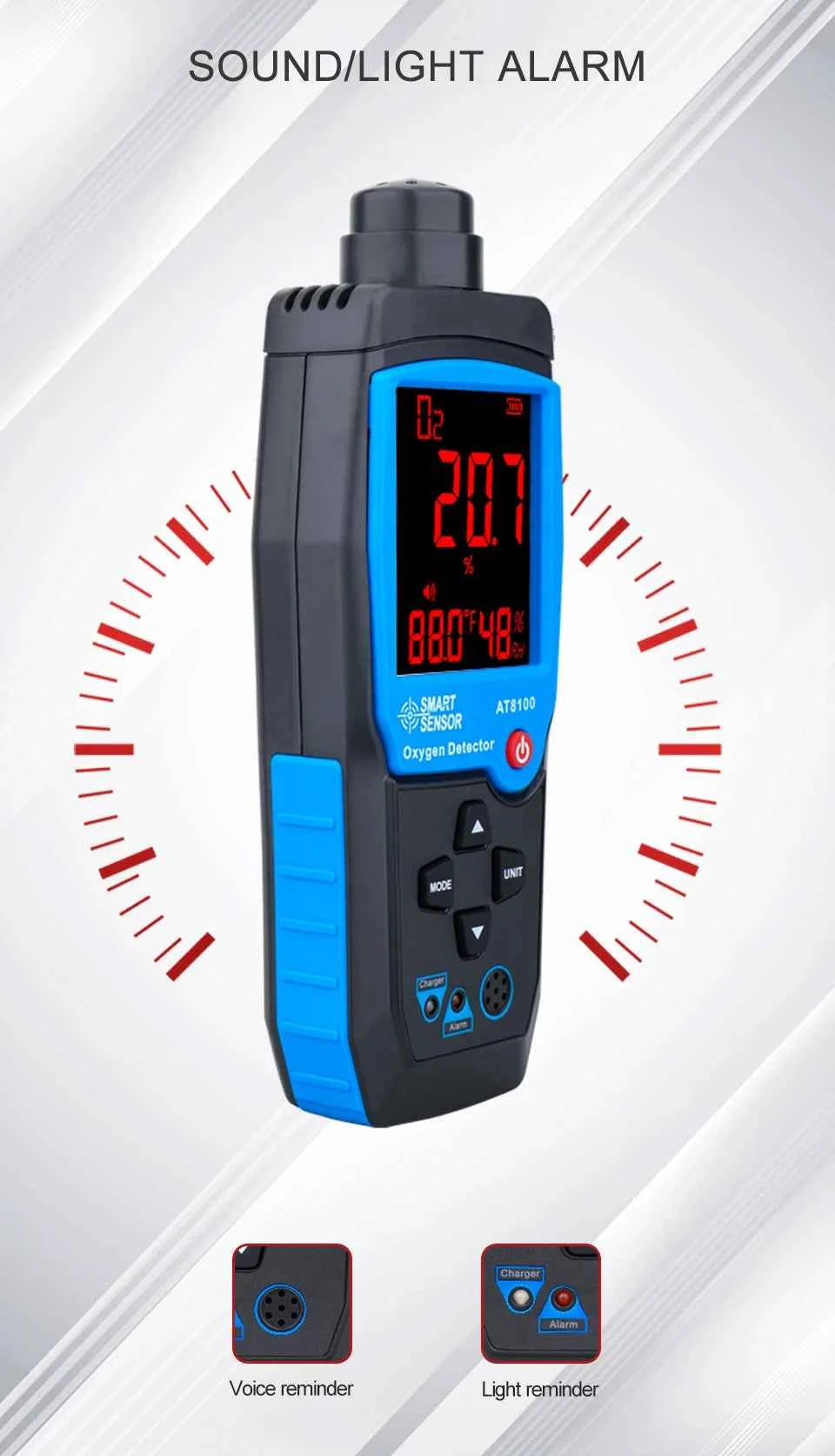 Digital Oxygen Meter O2 Gas Detector Sound Light Alarm Gas Monitor Air Quality Meter with Temperature LCD Display