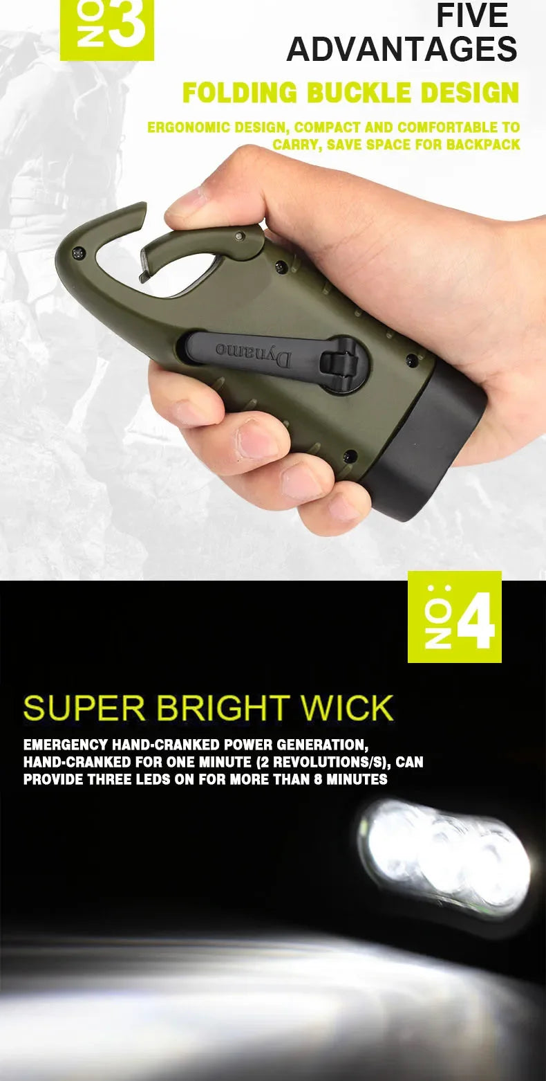 Portable LED Flashlight Tent Light Hand Crank Dynamo Solar Power Torch for Outdoor Camping Hiking Long-range Emergency Lantern
