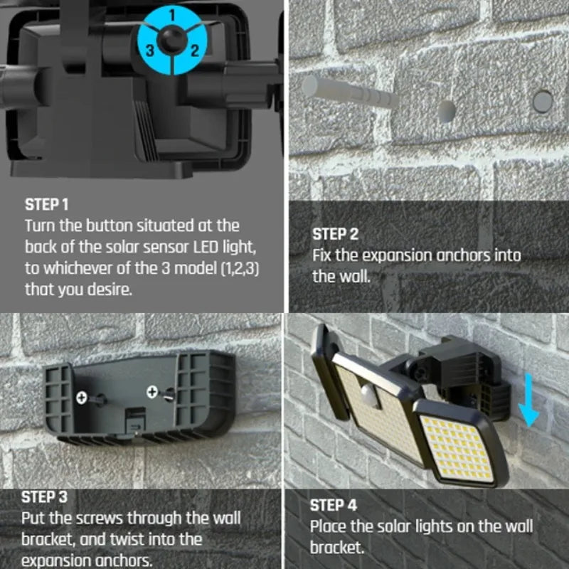 Solar Outdoor Lights Remote Control 3 Heads Motion Sensor Lights IP65 Waterproof 270 Wide Angle Flood Wall Lights with 3 Modes