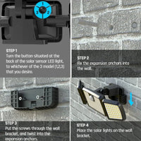 Solar Outdoor Lights Remote Control 3 Heads Motion Sensor Lights IP65 Waterproof 270 Wide Angle Flood Wall Lights with 3 Modes