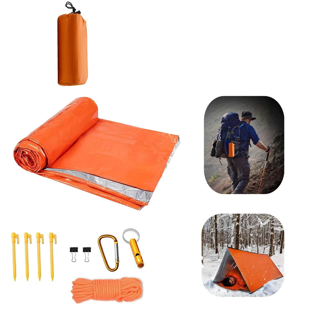 Professional Outdoor Emergency Tent Kit - Includes Ground Pegs, Clips, Whistle, Carabiner & Storage Bag |Portable for travel