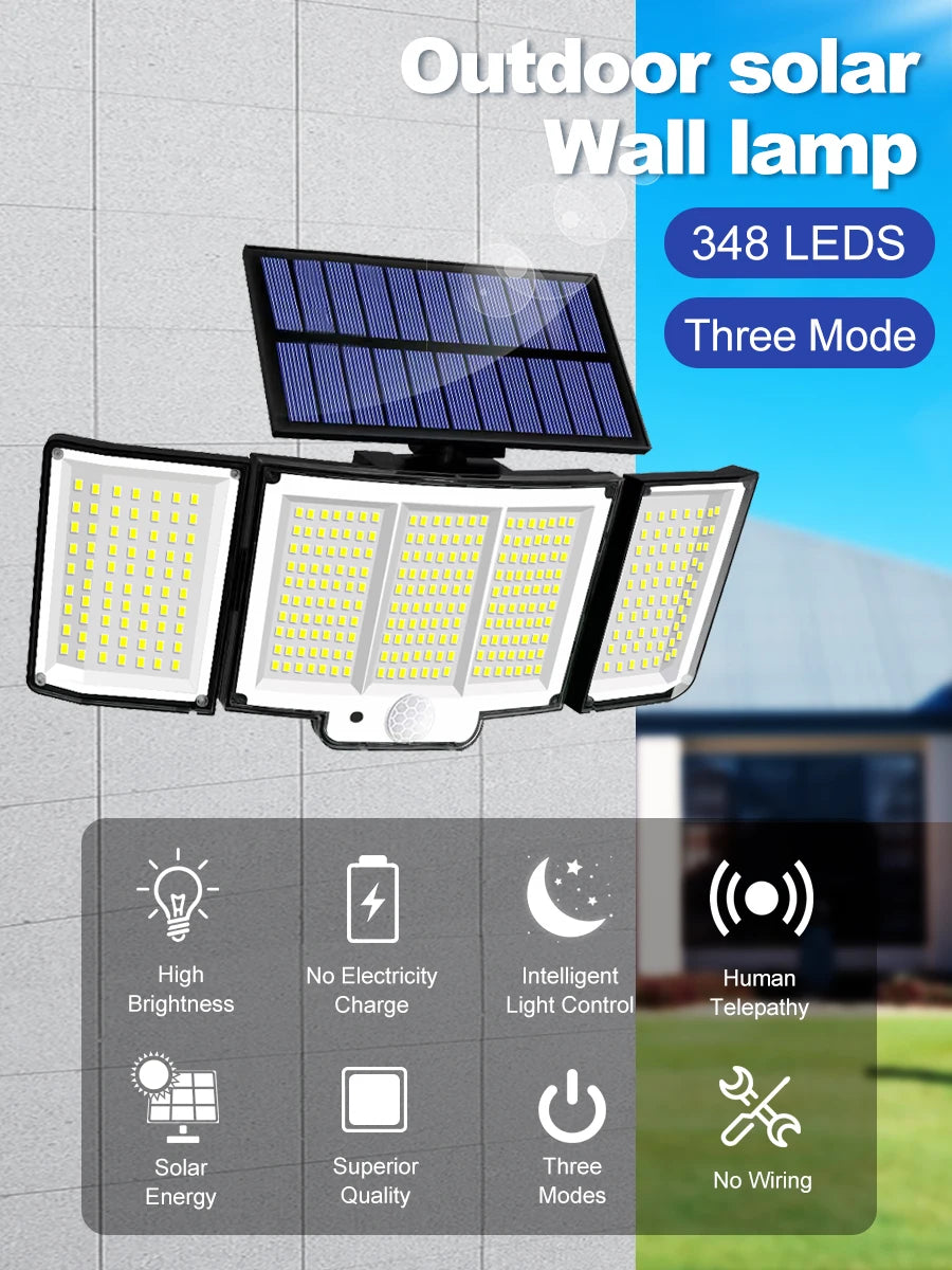 Solar Lights Outdoor 348LED 3 Heads Waterproof Solar Powered Security Flood Lights Motion Sensor Outdoor Lights For Garden