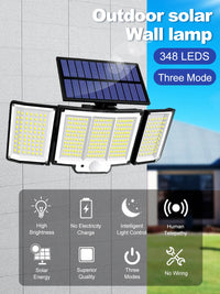 Solar Lights Outdoor 348LED 3 Heads Waterproof Solar Powered Security Flood Lights Motion Sensor Outdoor Lights For Garden