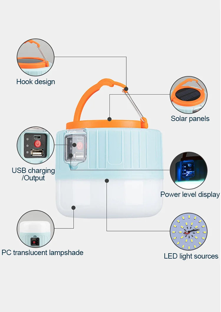 Waterproof Solar LED Camping Light Rechargeable Tent Lamp Portable Lanterns Outdoor Emergency Lights Market Energy Saving Bulb