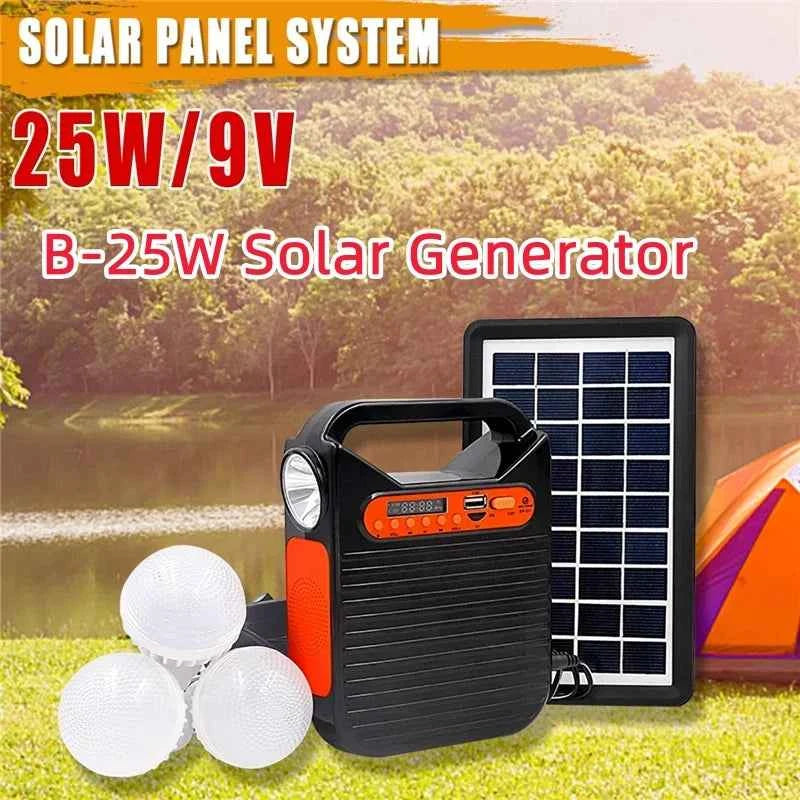 Solar Panel Generator Kit with 3 LED Bulbs Bluetooth Radio Speaker for Outdoor Camping Emergency Power Supply