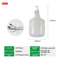 200W 80W 60W High Power LED Camping Light Rechargeable Portable Lanterns Outdoor Emergency BBQ Tent Lighting Lamp Bulb with Hook