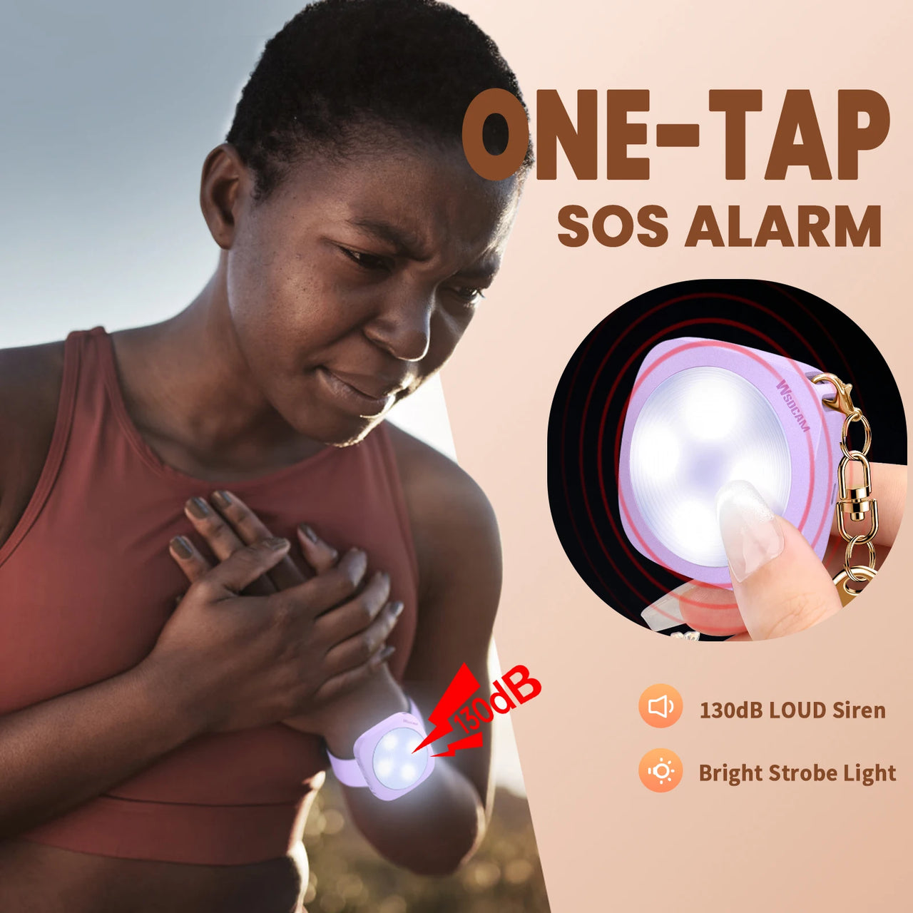 Wsdcam Personal LED Emergency Night Light + Press Tap Fast Alarm Type-C Charging 130dB Safety Self Defense Alarm with Key Chain