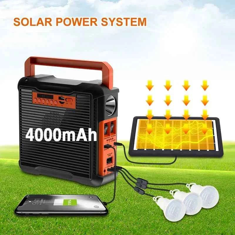 Solar Panel Generator Kit with 3 LED Bulbs Bluetooth Radio Speaker for Outdoor Camping Emergency Power Supply