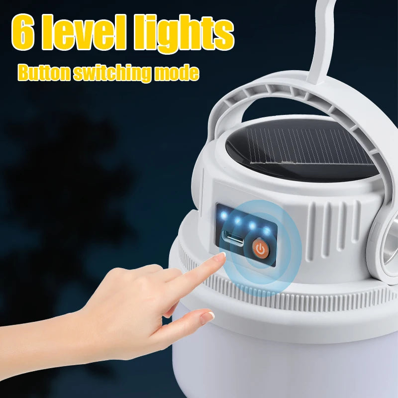 LED Solar Camping Light Solar Bulb Lanterns Rechargeable Portable Waterproof Outdoor Night Flashlight BBQ Hanging Emergency Lamp with button switching.