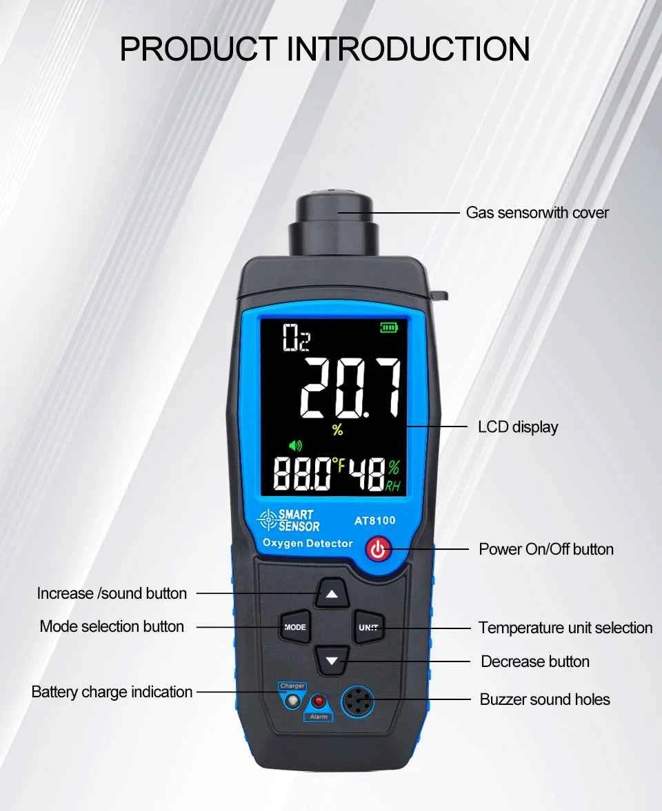 Digital Oxygen Meter O2 Gas Detector Sound Light Alarm Gas Monitor Air Quality Meter with Temperature LCD Display