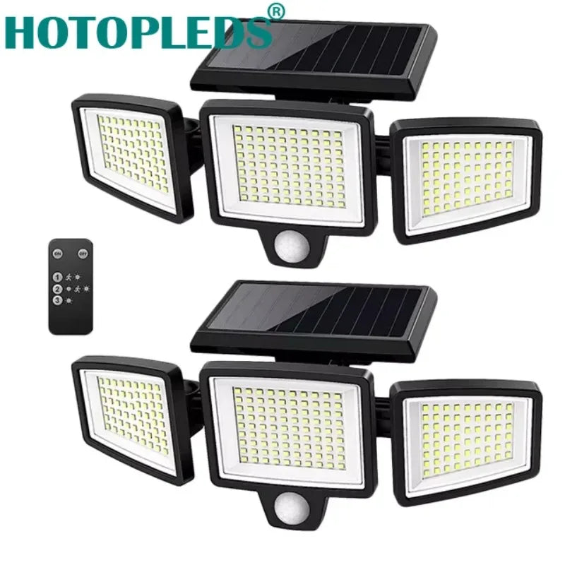 Solar Outdoor Lights Remote Control 3 Heads Motion Sensor Lights IP65 Waterproof 270 Wide Angle Flood Wall Lights with 3 Modes