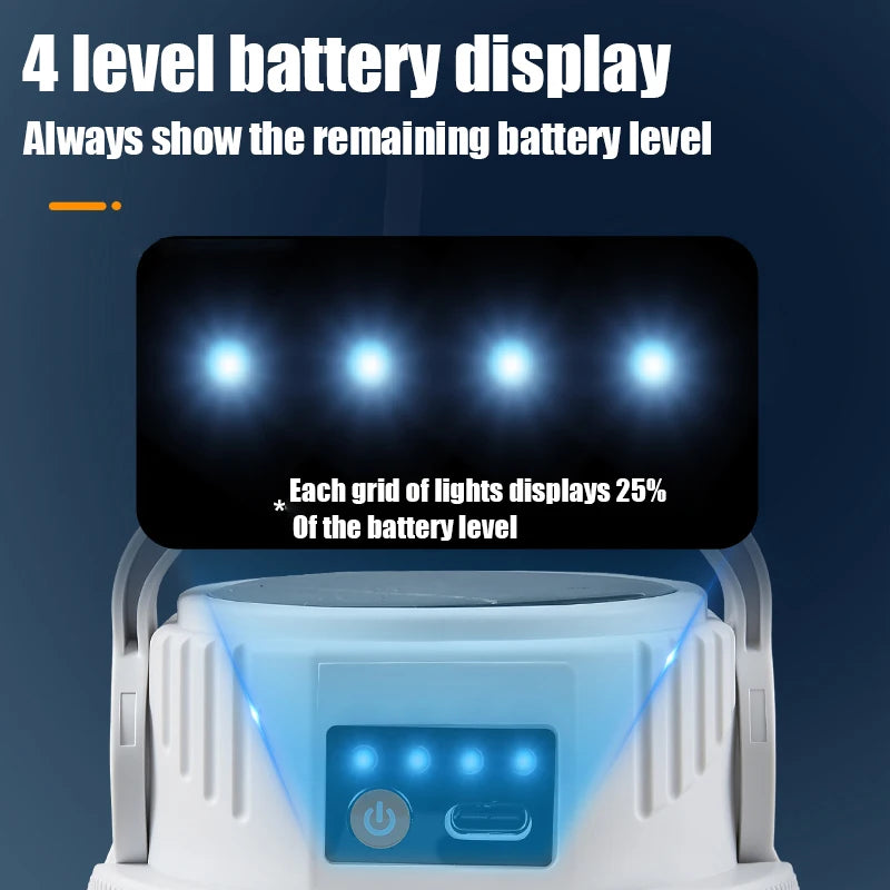 LED Solar Camping Light Solar Bulb Lanterns Rechargeable Portable Waterproof Outdoor Night Flashlight BBQ Hanging Emergency Lamp showing 4 level battery display.