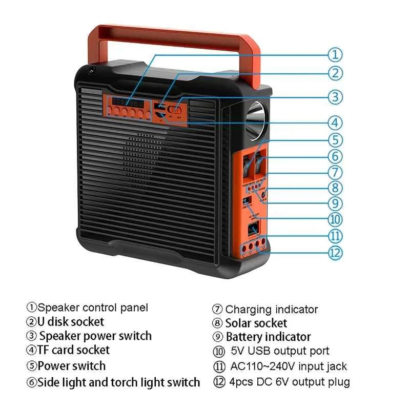 Solar Panel Generator Kit with 3 LED Bulbs Bluetooth Radio Speaker for Outdoor Camping Emergency Power Supply