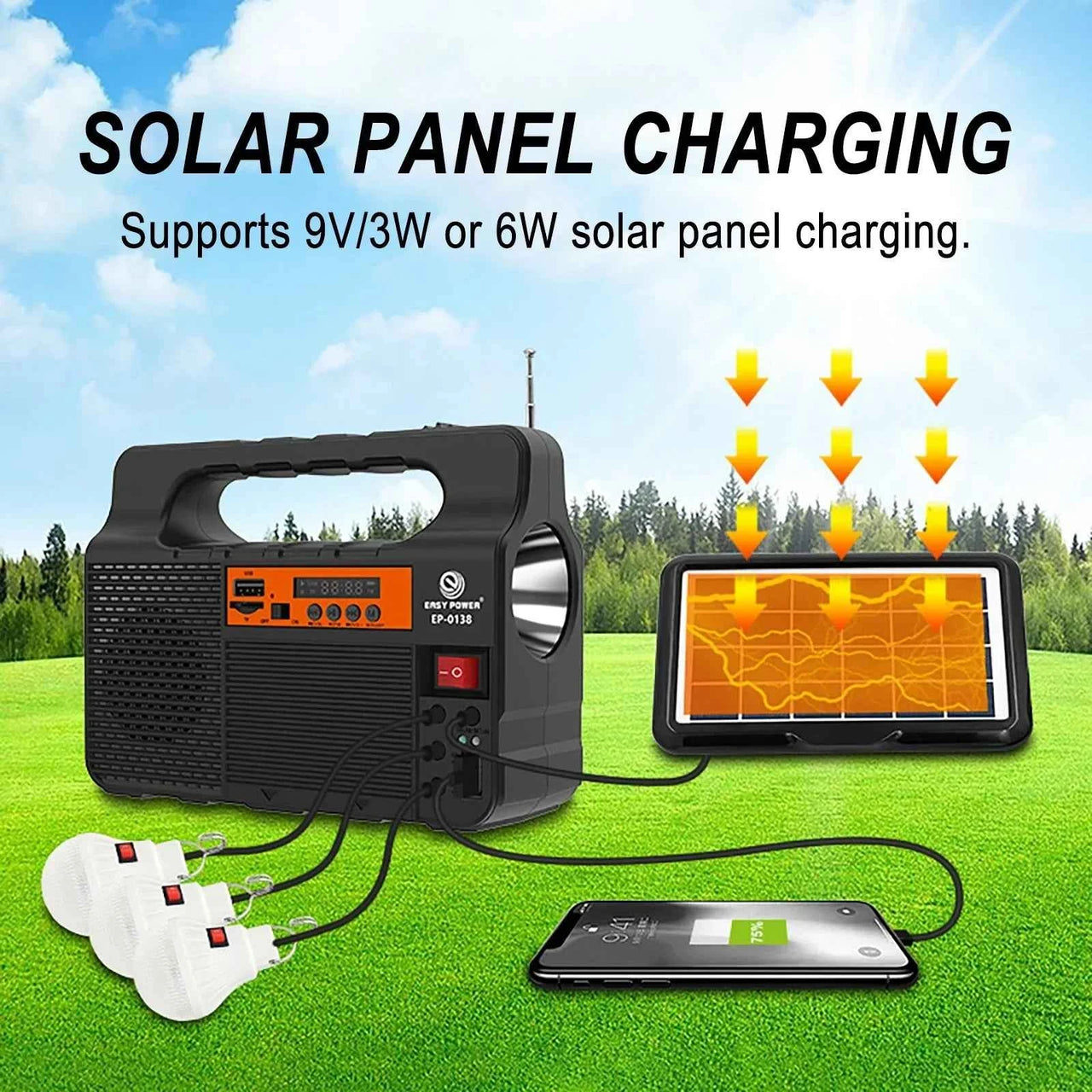 Solar Panel Generator Kit with 3 LED Bulbs Bluetooth Radio Speaker for Outdoor Camping Emergency Power Supply