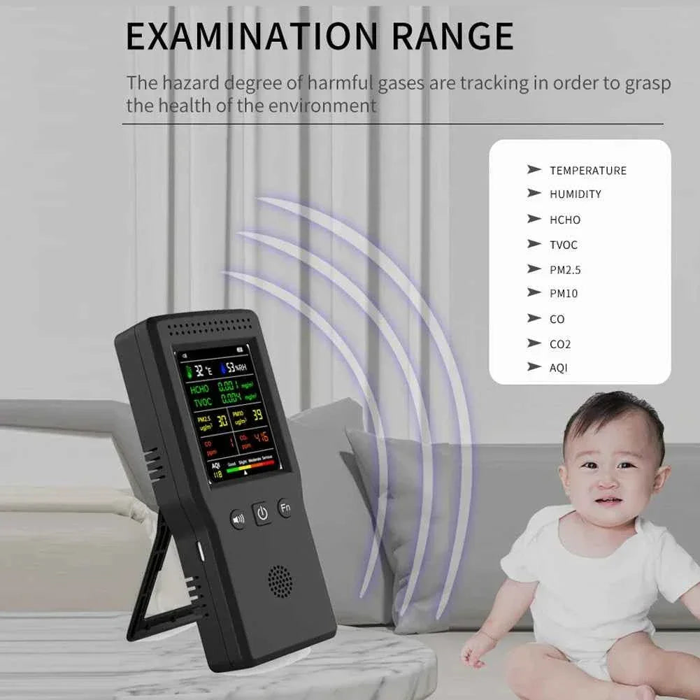 9 In 1 Air Quality Detector PM2.5 PM10 HCHO TVOC CO CO2 AQI Temperature Humidity Multifunctional LCD Digital Air Quality Monitor