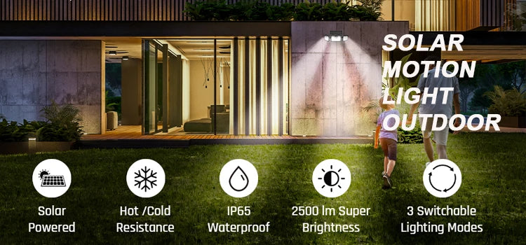 Solar Outdoor Lights Remote Control 3 Heads Motion Sensor Lights IP65 Waterproof 270 Wide Angle Flood Wall Lights with 3 Modes